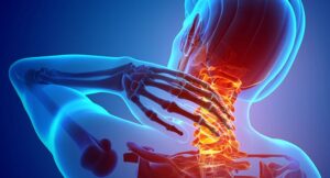 A person holding their neck in discomfort, indicating pain and tension in the cervical area.