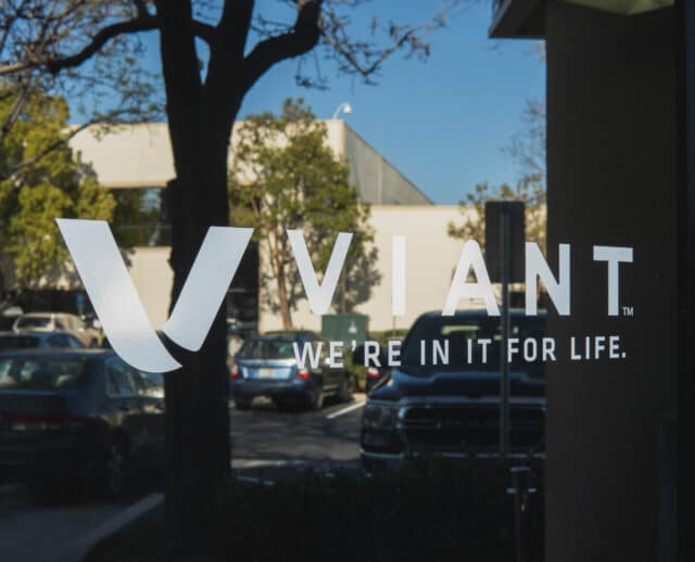Viant logo on the front door of their building location.