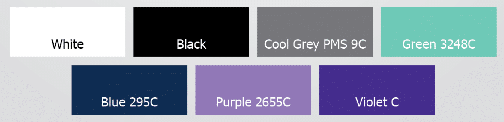 Color swatches of white, black, cool grey PMS 9C, Green 3248C, Blue 295C, Purple 2655C, and Violet C.