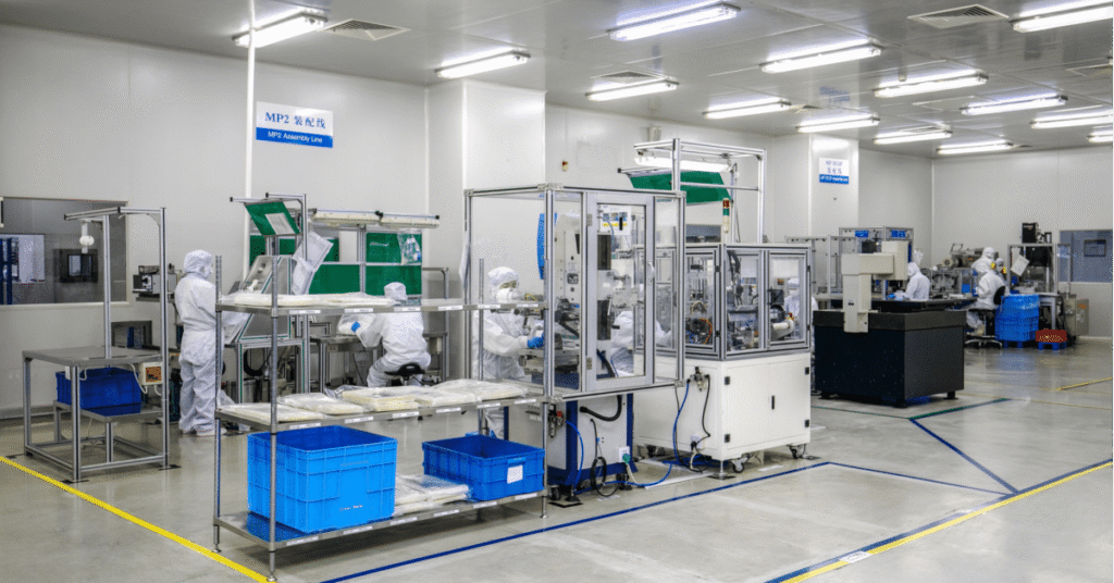 Workers in full white protective suits and headgear operating machinery and organizing components at the MP2 Assembly Line in a clean, brightly lit medical manufacturing facility.
