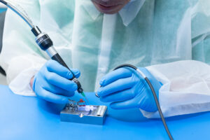 A lab-coated individual is engaged in working on a complex device in a research environment.